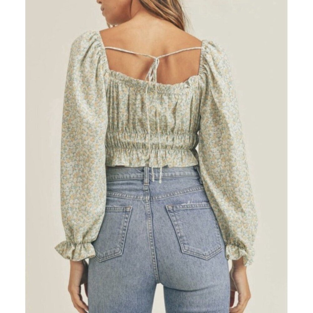 Mable Anthropologie Women FLORAL PUFF SLEEVE Crop Top Medium Size Stretch Green - Picture 3 of 11